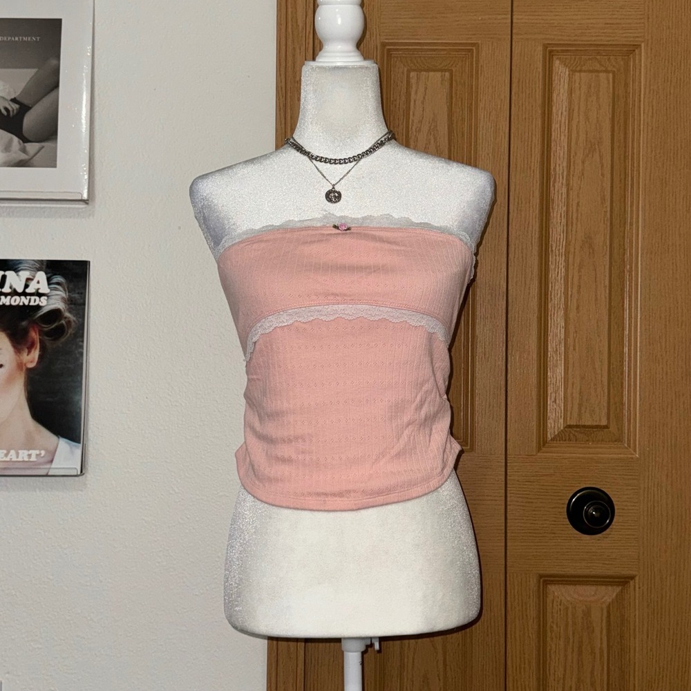 Derek Heart Pink Pointelle Lace Trim Tube Top Rose Detail Size Large Coquette